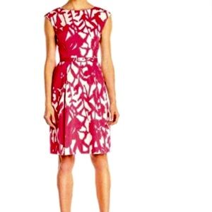 Adrianna Papell Pink White Belted midi work office wedding guest dress size 4